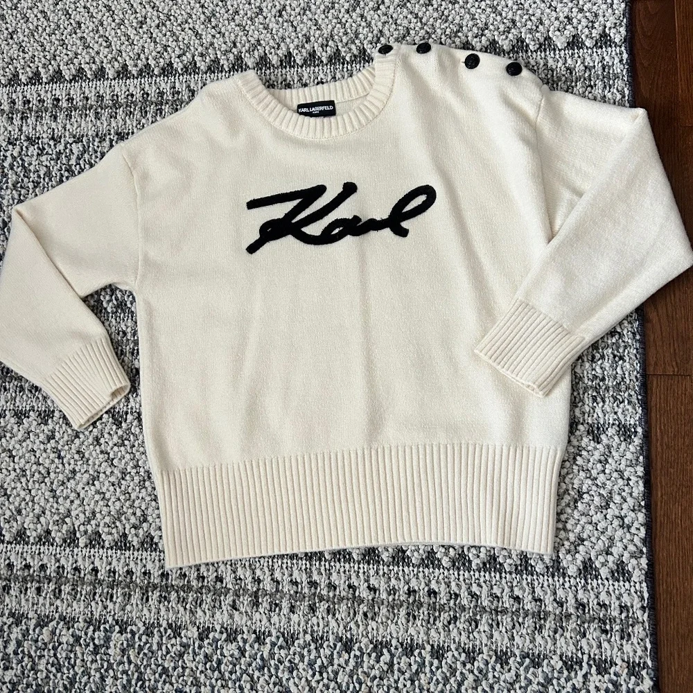 Karl Lagerfeld Cream Crewneck Sweater with Black Script Logo. Size Large. - Picture 1 of 2